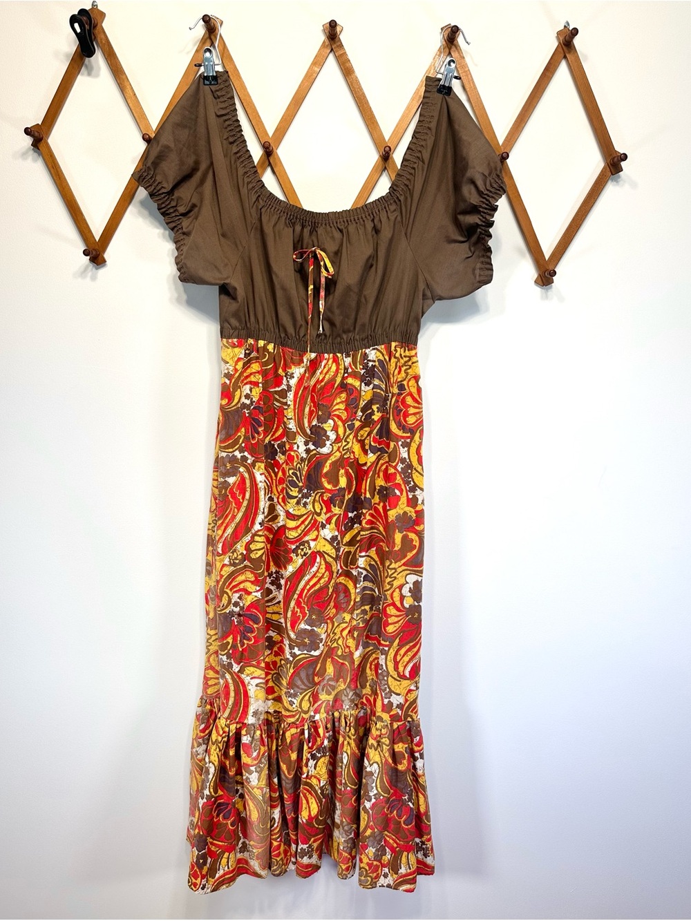 Vintage 1970s Psychedelic Paisley Peasant Maxi Dress Cotton Boho Prairie